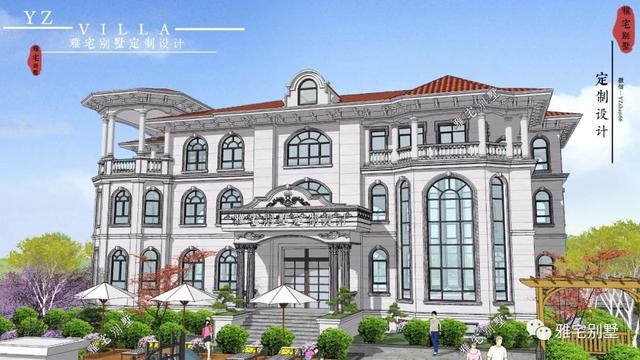 三層千平歐式豪華別墅設(shè)計(jì)圖，挑空客廳，頂層八角涼亭。