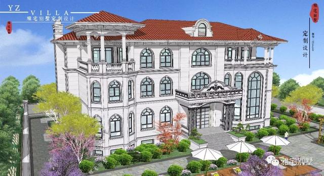 三層千平歐式豪華別墅設(shè)計(jì)圖，挑空客廳，頂層八角涼亭。