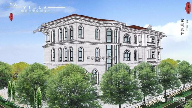 三層千平歐式豪華別墅設(shè)計(jì)圖，挑空客廳，頂層八角涼亭。