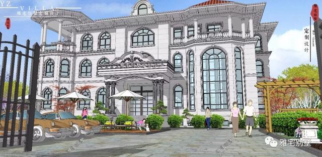 三層千平歐式豪華別墅設(shè)計(jì)圖，挑空客廳，頂層八角涼亭。