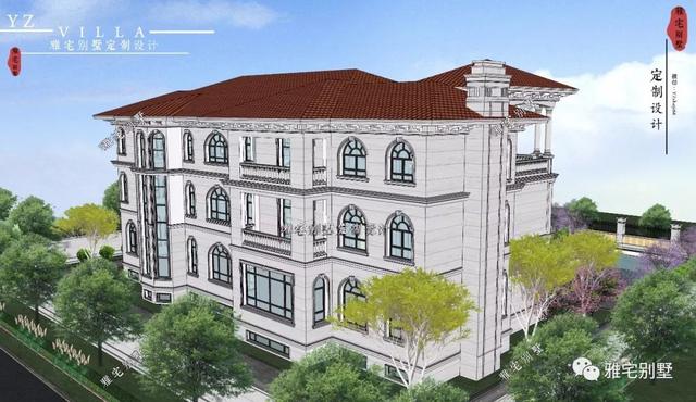 三層千平歐式豪華別墅設(shè)計(jì)圖，挑空客廳，頂層八角涼亭。