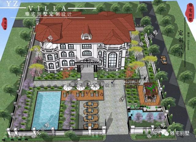 三層千平歐式豪華別墅設(shè)計(jì)圖，挑空客廳，頂層八角涼亭。