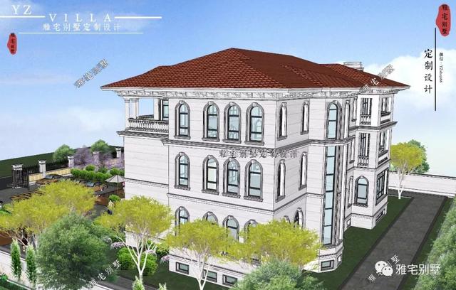 三層千平歐式豪華別墅設(shè)計(jì)圖，挑空客廳，頂層八角涼亭。