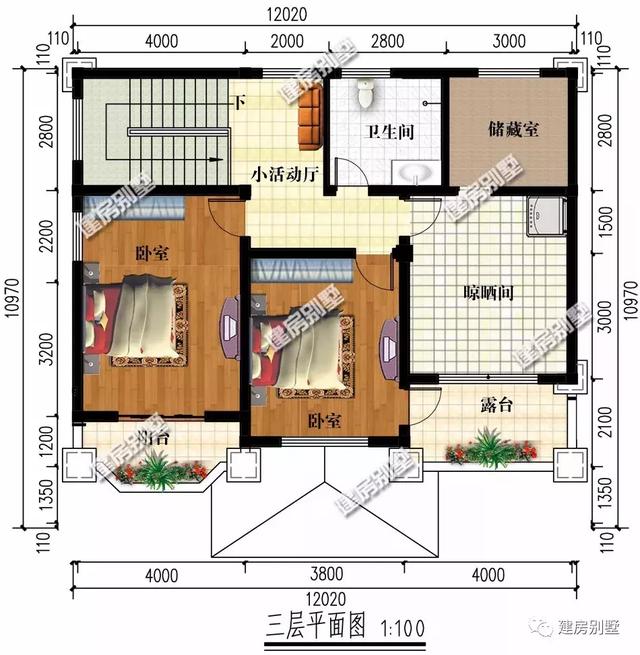 12×10.9米農(nóng)村三層別墅設(shè)計(jì)方案，衣物晾曬空間處理得非常巧妙