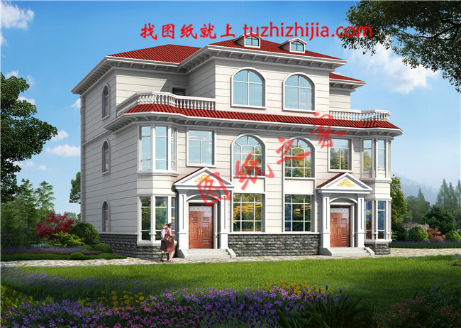 農(nóng)村三層雙拼別墅戶型圖設(shè)計(jì)圖，整體外觀氣派