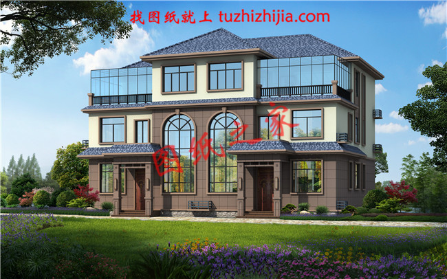 農(nóng)村三層雙拼別墅戶型圖及全套施工圖紙，帶書房，帶衣帽間