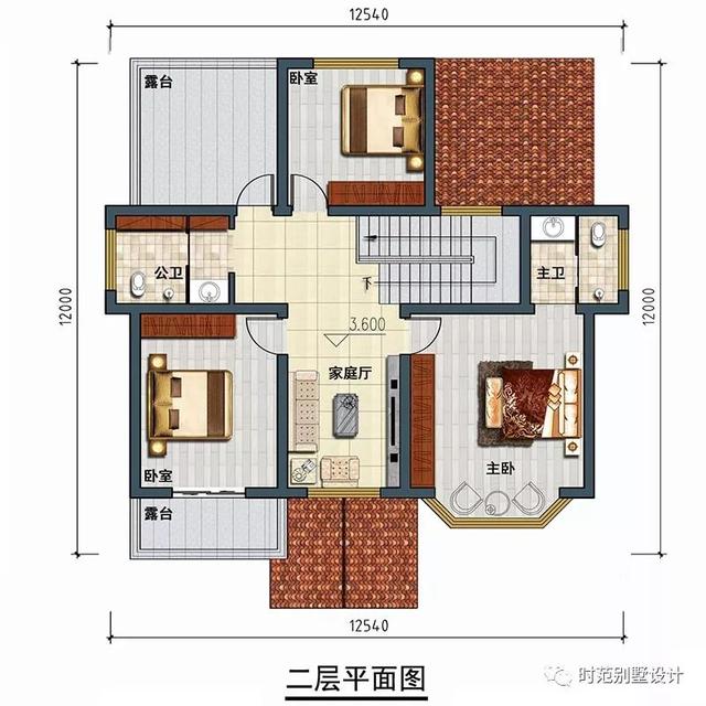 12x12米兩層別墅設(shè)計方案，美式風(fēng)格帶車庫雙露臺，4室3衛(wèi)適合農(nóng)村自建