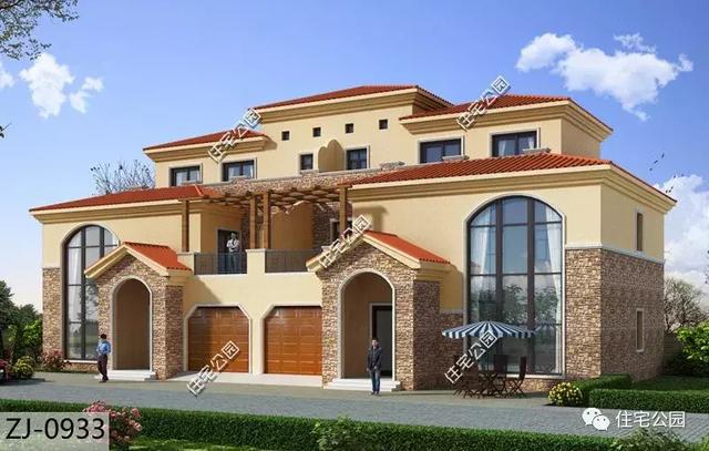 三層歐式雙拼別墅設(shè)計(jì)圖紙，單戶尺寸12×12米，還有挑空客廳、落地窗，體面又大氣