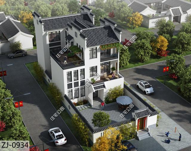 面寬11米的三層徽派別墅，現(xiàn)代露臺和傳統(tǒng)馬頭墻詮釋新農(nóng)村小院