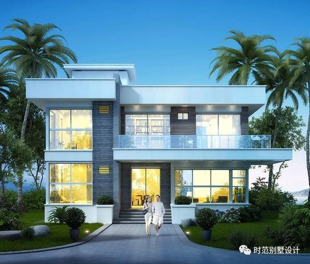 133平現(xiàn)代風(fēng)格平頂復(fù)式別墅設(shè)計(jì)圖，外觀簡(jiǎn)約時(shí)尚，5室3廳4衛(wèi)，適合農(nóng)村自建。