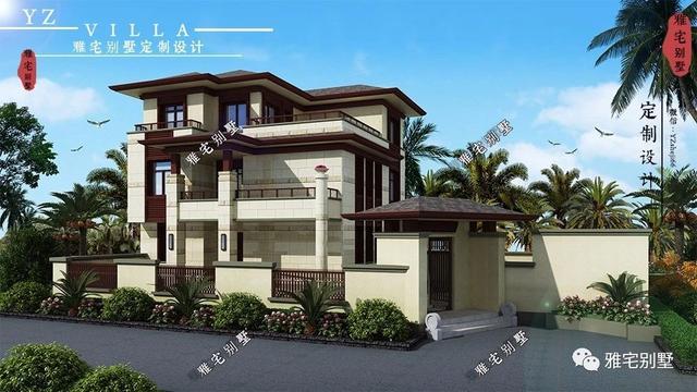 帶地下室的農(nóng)村三層新中式別墅設(shè)計(jì)圖，挑空客廳，大露臺(tái)設(shè)計(jì)。