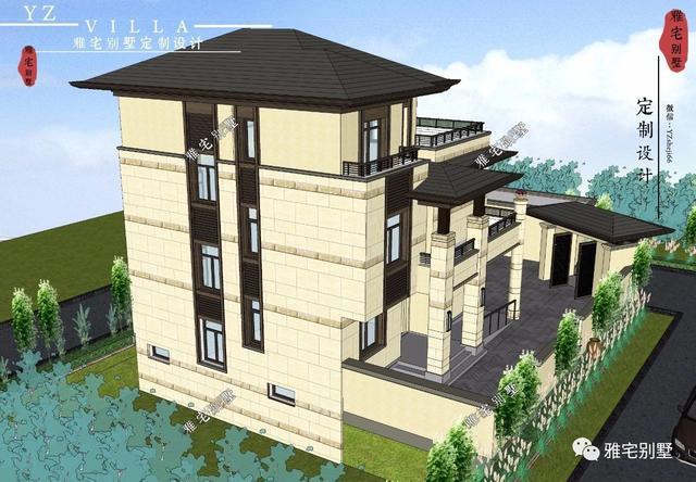 帶地下室的農(nóng)村三層新中式別墅設(shè)計(jì)圖，挑空客廳，大露臺(tái)設(shè)計(jì)。