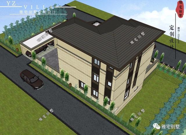 帶地下室的農(nóng)村三層新中式別墅設(shè)計(jì)圖，挑空客廳，大露臺(tái)設(shè)計(jì)。