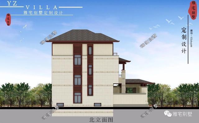 帶地下室的農(nóng)村三層新中式別墅設(shè)計(jì)圖，挑空客廳，大露臺(tái)設(shè)計(jì)。