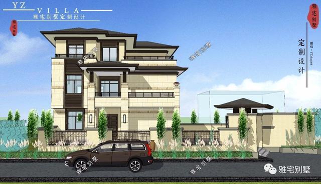 帶地下室的農(nóng)村三層新中式別墅設(shè)計(jì)圖，挑空客廳，大露臺(tái)設(shè)計(jì)。