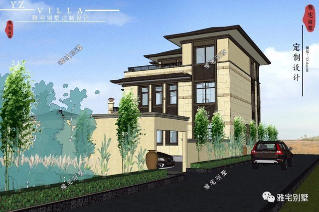 帶地下室的農(nóng)村三層新中式別墅設(shè)計(jì)圖，挑空客廳，大露臺(tái)設(shè)計(jì)。