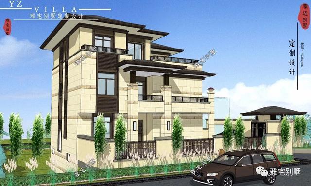 帶地下室的農(nóng)村三層新中式別墅設(shè)計(jì)圖，挑空客廳，大露臺(tái)設(shè)計(jì)。