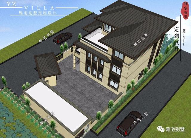 帶地下室的農(nóng)村三層新中式別墅設(shè)計(jì)圖，挑空客廳，大露臺(tái)設(shè)計(jì)。