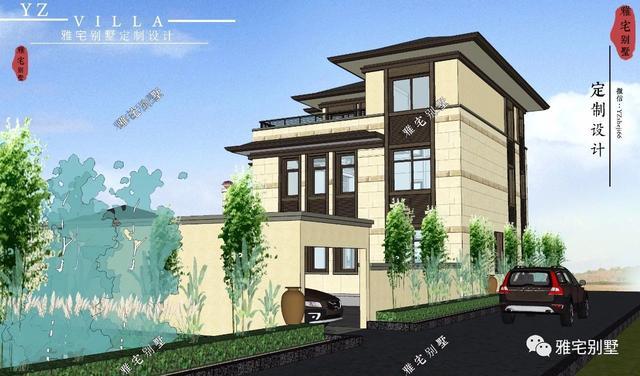 帶地下室的農(nóng)村三層新中式別墅設(shè)計(jì)圖，挑空客廳，大露臺(tái)設(shè)計(jì)。