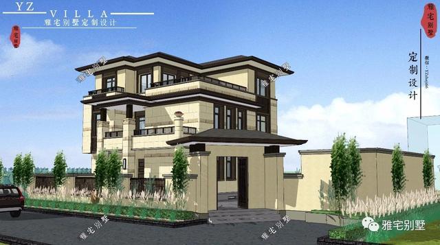 帶地下室的農(nóng)村三層新中式別墅設(shè)計(jì)圖，挑空客廳，大露臺(tái)設(shè)計(jì)。