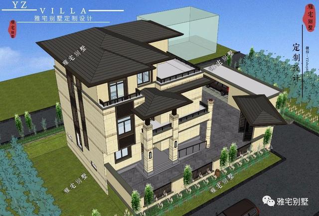 帶地下室的農(nóng)村三層新中式別墅設(shè)計(jì)圖，挑空客廳，大露臺(tái)設(shè)計(jì)。