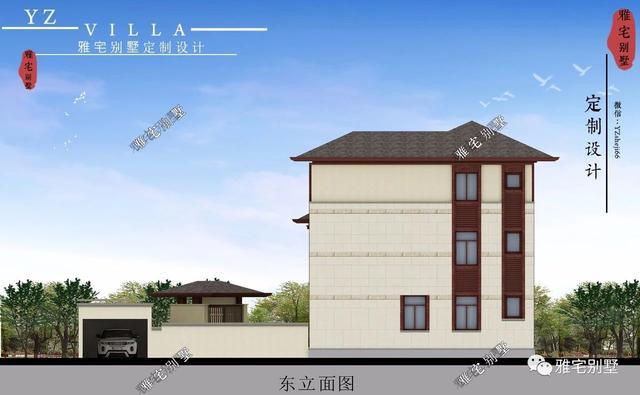 帶地下室的農(nóng)村三層新中式別墅設(shè)計(jì)圖，挑空客廳，大露臺(tái)設(shè)計(jì)。