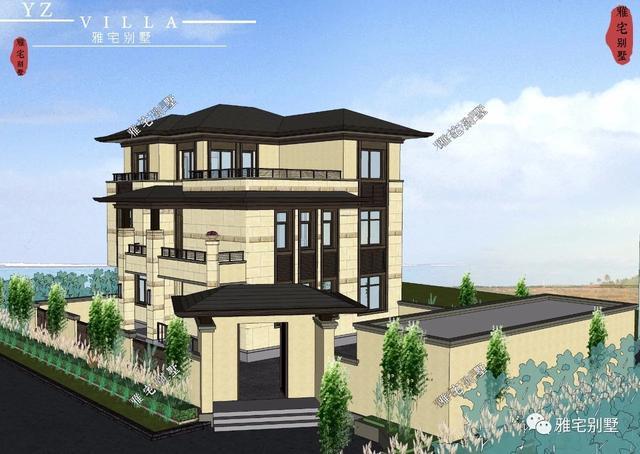 帶地下室的農(nóng)村三層新中式別墅設(shè)計(jì)圖，挑空客廳，大露臺(tái)設(shè)計(jì)。