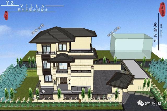 帶地下室的農(nóng)村三層新中式別墅設(shè)計(jì)圖，挑空客廳，大露臺(tái)設(shè)計(jì)。