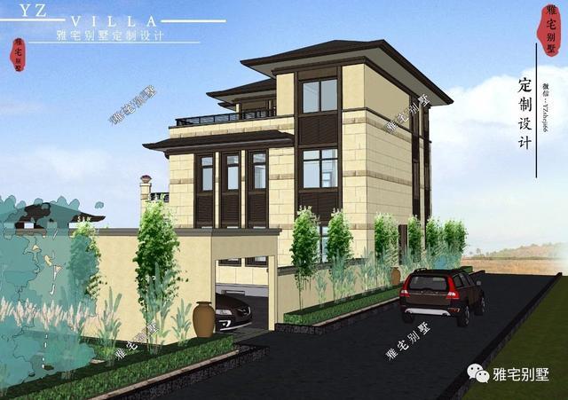 帶地下室的農(nóng)村三層新中式別墅設(shè)計(jì)圖，挑空客廳，大露臺(tái)設(shè)計(jì)。