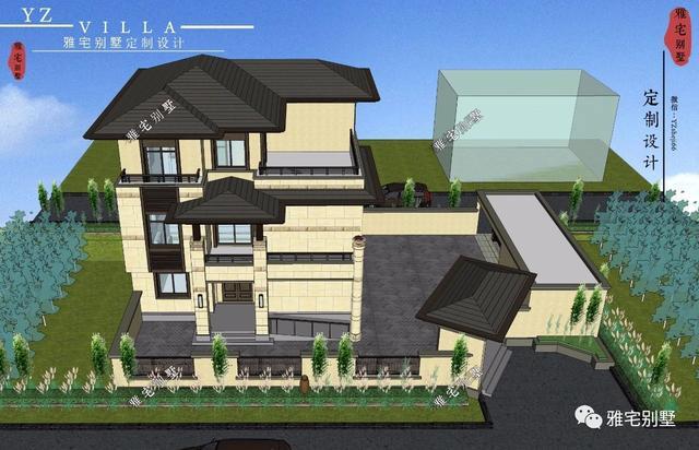 帶地下室的農(nóng)村三層新中式別墅設(shè)計(jì)圖，挑空客廳，大露臺(tái)設(shè)計(jì)。