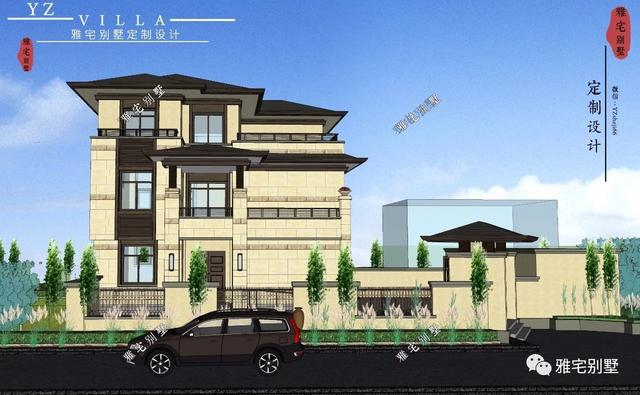 帶地下室的農(nóng)村三層新中式別墅設(shè)計(jì)圖，挑空客廳，大露臺(tái)設(shè)計(jì)。