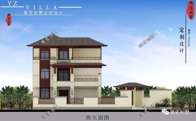 帶地下室的農(nóng)村三層新中式別墅設(shè)計(jì)圖，挑空客廳，大露臺(tái)設(shè)計(jì)。