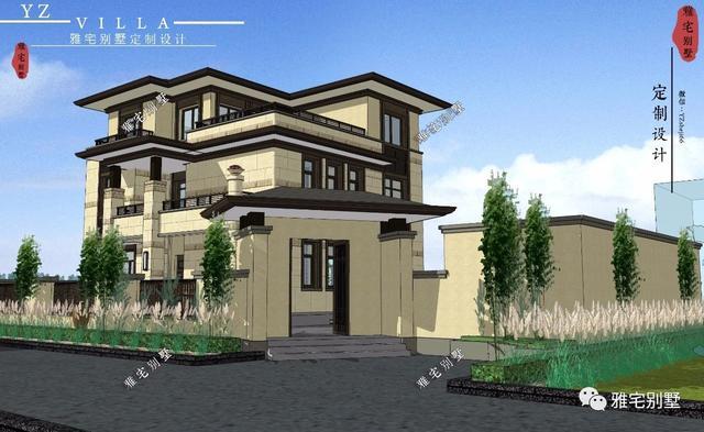 帶地下室的農(nóng)村三層新中式別墅設(shè)計(jì)圖，挑空客廳，大露臺(tái)設(shè)計(jì)。