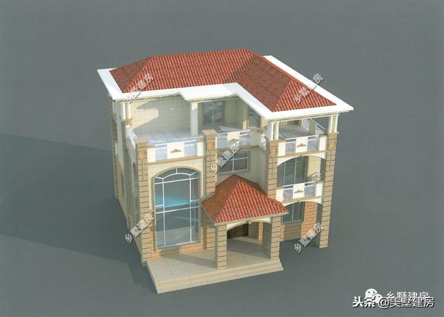 12.3X10.4米三層歐式樓房設(shè)計(jì)圖，超大落地窗戶挑空大客廳+大露臺(tái)！