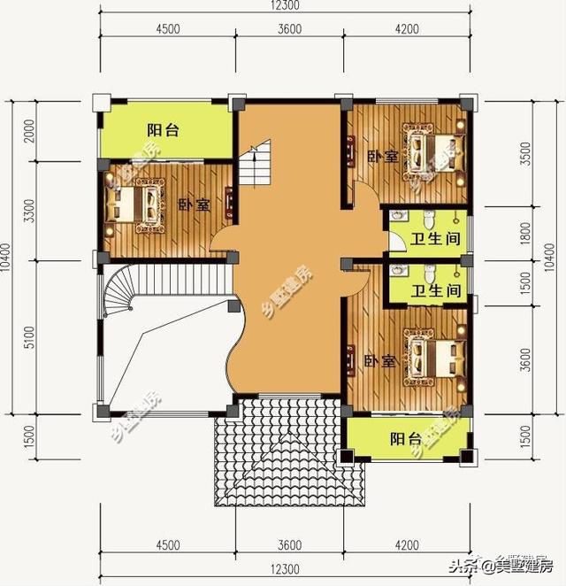 12.3X10.4米三層歐式樓房設(shè)計(jì)圖，超大落地窗戶挑空大客廳+大露臺(tái)！
