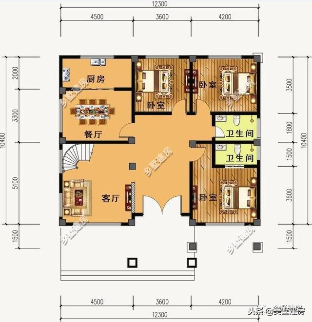 12.3X10.4米三層歐式樓房設(shè)計(jì)圖，超大落地窗戶挑空大客廳+大露臺(tái)！