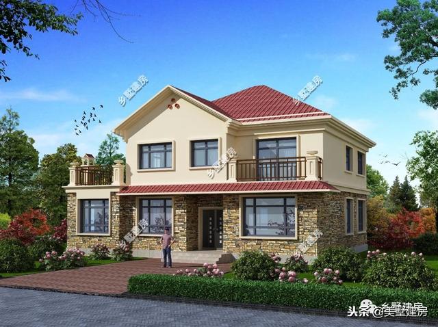 15.5×12米農(nóng)村二層經(jīng)典小樓設計圖，時尚的文化石外墻搭配紅色的琉璃瓦，美好鄉(xiāng)村生活從這里開始。