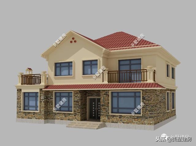 15.5×12米農(nóng)村二層經(jīng)典小樓設計圖，時尚的文化石外墻搭配紅色的琉璃瓦，美好鄉(xiāng)村生活從這里開始。