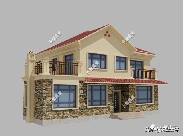 15.5×12米農(nóng)村二層經(jīng)典小樓設計圖，時尚的文化石外墻搭配紅色的琉璃瓦，美好鄉(xiāng)村生活從這里開始。