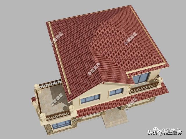 15.5×12米農(nóng)村二層經(jīng)典小樓設計圖，時尚的文化石外墻搭配紅色的琉璃瓦，美好鄉(xiāng)村生活從這里開始。