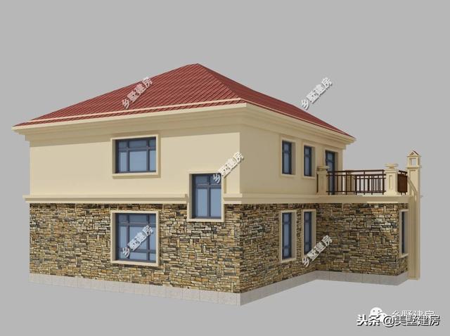 15.5×12米農(nóng)村二層經(jīng)典小樓設計圖，時尚的文化石外墻搭配紅色的琉璃瓦，美好鄉(xiāng)村生活從這里開始。