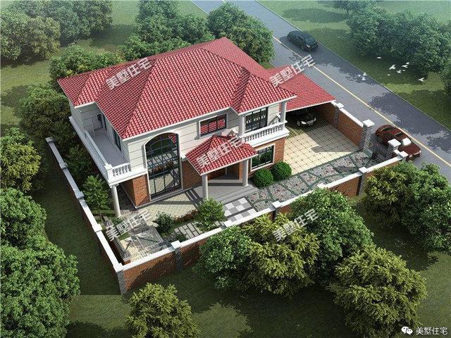 15x12米二層小洋樓設(shè)計圖，帶大院，紅色坡屋頂加真石漆外墻好看極了！