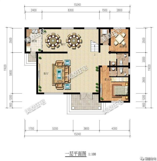 15x12米二層小洋樓設(shè)計圖，帶大院，紅色坡屋頂加真石漆外墻好看極了！