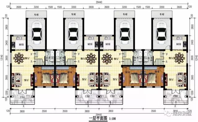 時(shí)尚簡(jiǎn)約新中式風(fēng)格設(shè)計(jì)圖，一排住四戶(hù)，29.4×13.1米。