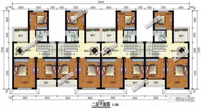 時(shí)尚簡(jiǎn)約新中式風(fēng)格設(shè)計(jì)圖，一排住四戶(hù)，29.4×13.1米。