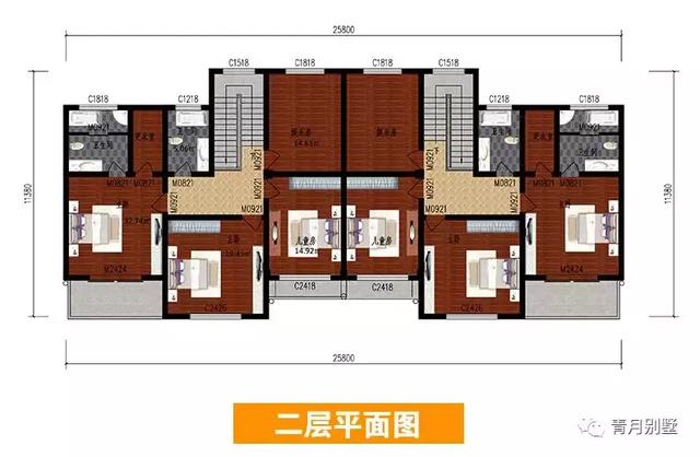 二層雙拼小別墅設計圖，開間25.8米×11米，簡單大氣，主體造價70萬