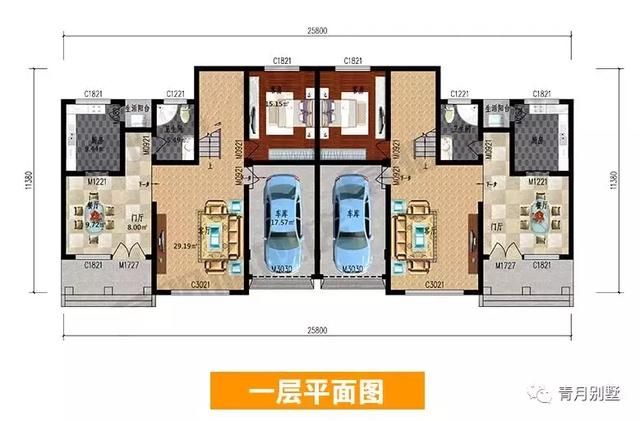 二層雙拼小別墅設計圖，開間25.8米×11米，簡單大氣，主體造價70萬