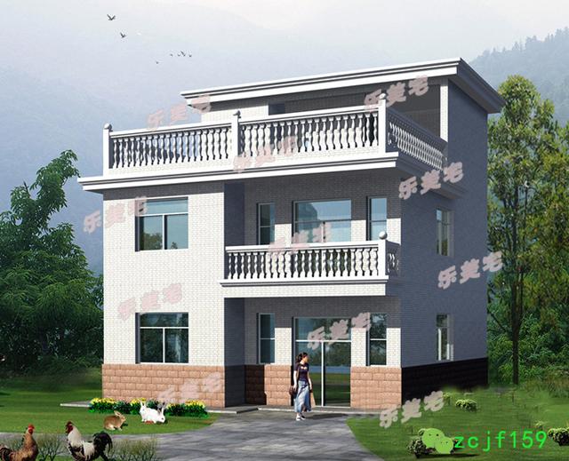 90平米鄉(xiāng)村經(jīng)典平屋頂大露臺三層設(shè)計圖，外觀沉穩(wěn)大氣，簡約時尚