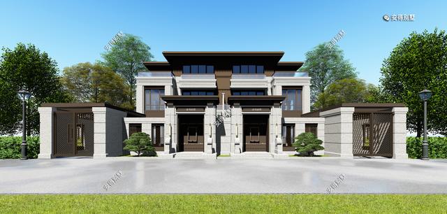 新中式的雙拼別墅設(shè)計(jì)圖，建筑造型盡顯高端，兄弟這樣建房才叫豪宅。