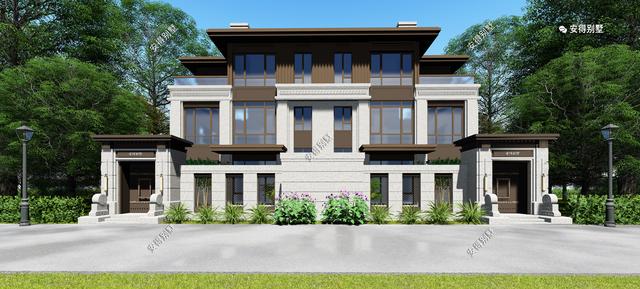 新中式的雙拼別墅設(shè)計(jì)圖，建筑造型盡顯高端，兄弟這樣建房才叫豪宅。